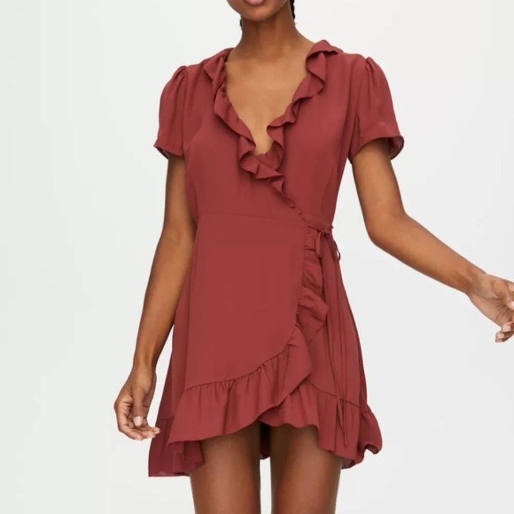 Aritzia Ruffle Wrap Mini Dress in Brick Red